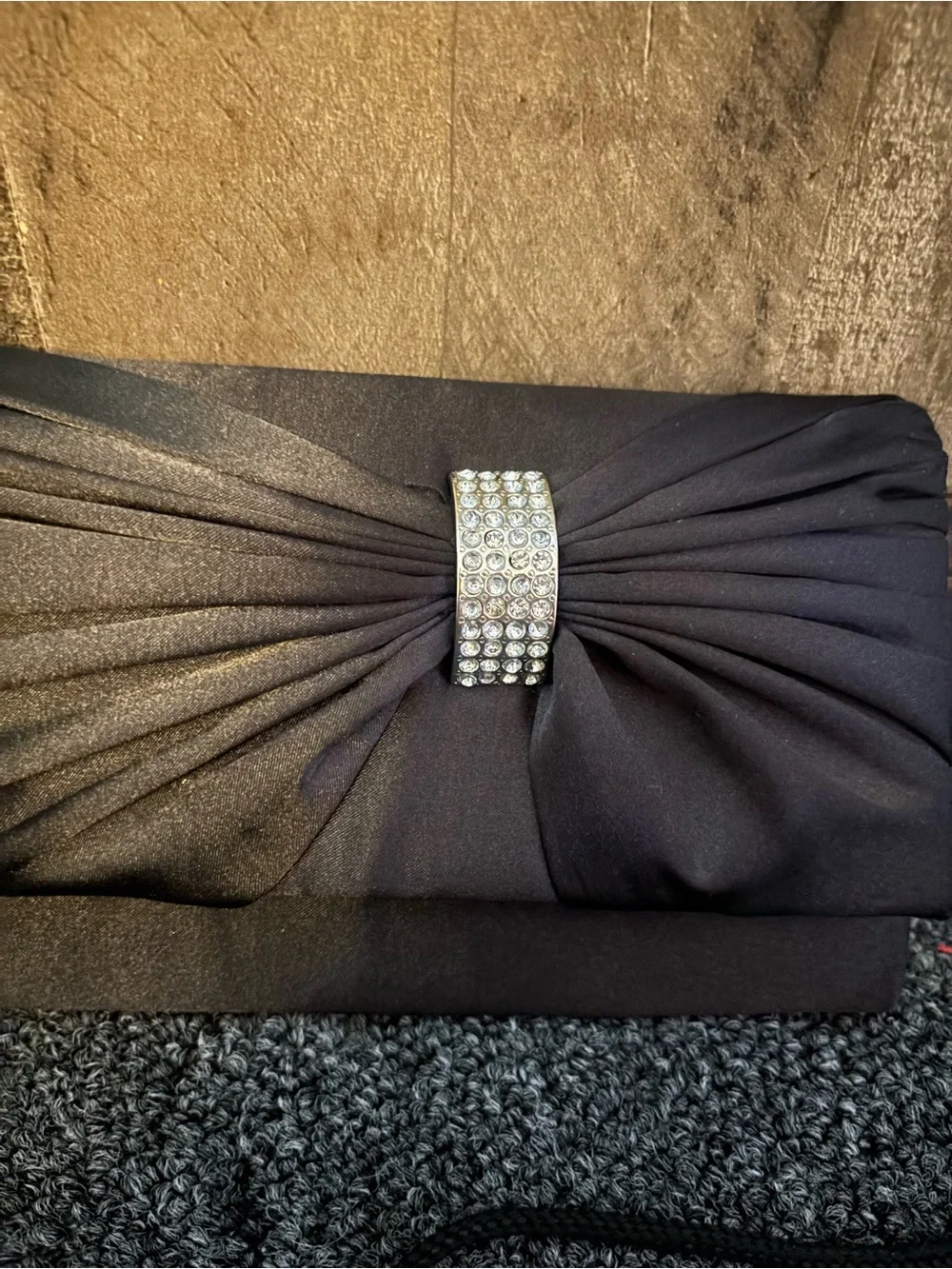 Black Satin Evening Clutch with Rhinestone Buckle